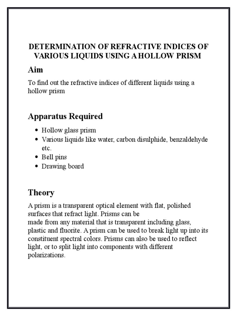 Refractive Indices of Liquids via Hollow Prism | PDF | Prism ...