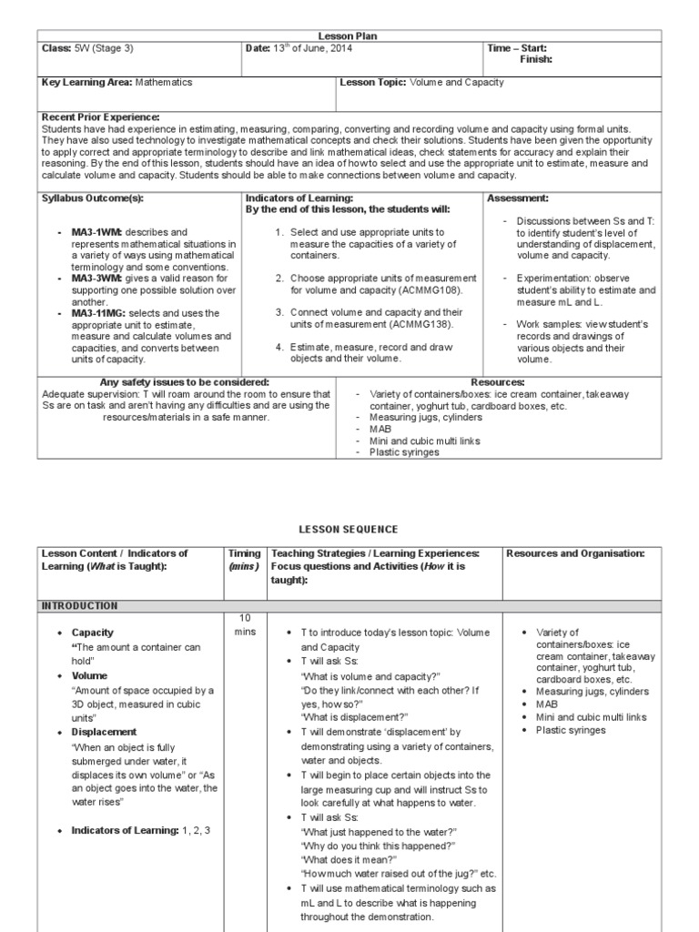 Lesson Plan 9 Maths - Volume and Capacity Activities | PDF | Lesson ...