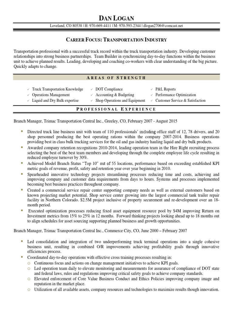 Terminal Manager Truck Transportation in Denver CO Resume Dan Logan Innovation Employee
