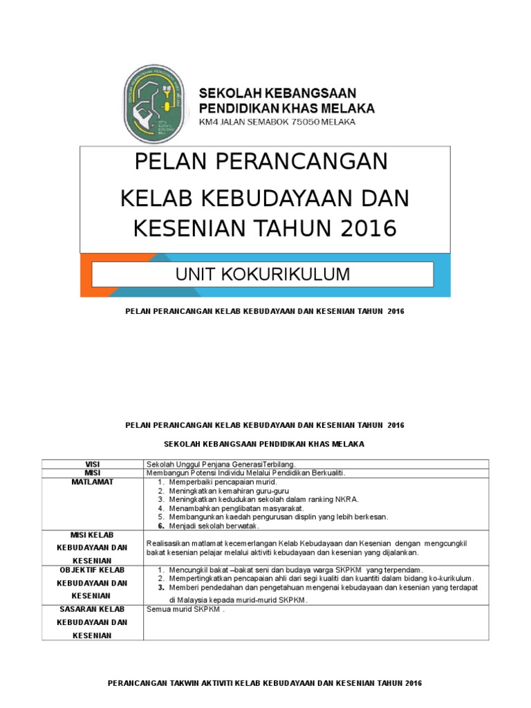 Pelan Perancangan Kelab Kebudayaan Dan Kesenian Tahun 2015