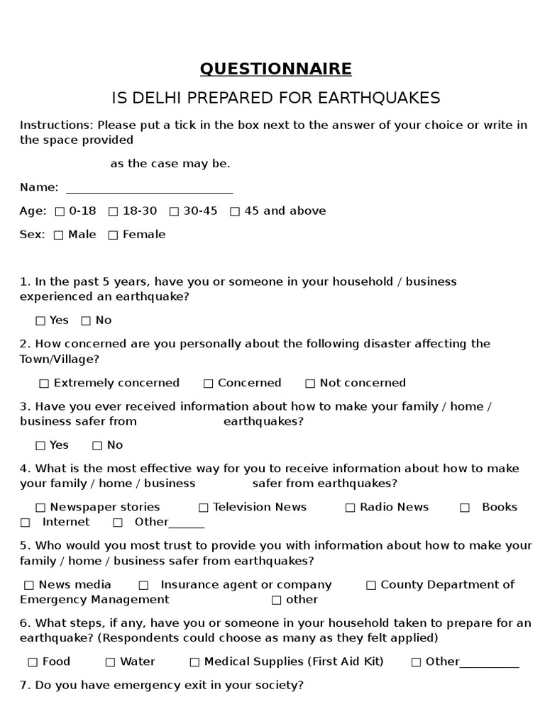 Is Delhi Prepared For Earthquakes: Questionnaire | PDF | Wellness