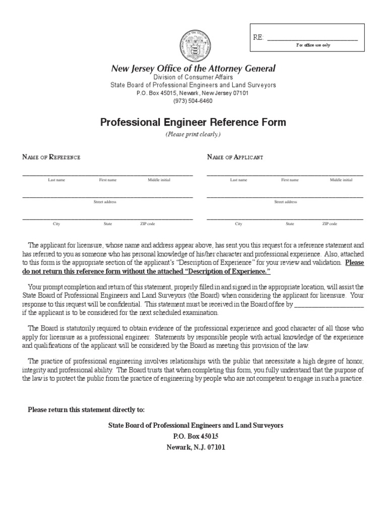 Professional Engineer Reference Form | PDF | Engineer | Licensure
