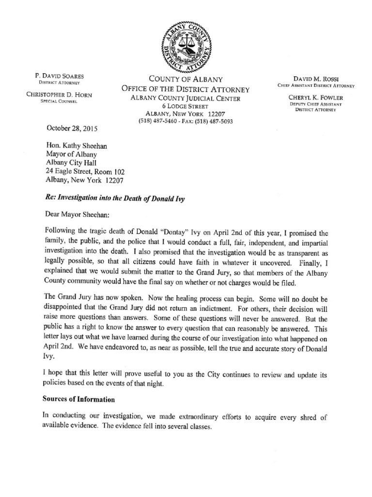 Albany County DA's Office Letter Dontay Ivy Case | PDF