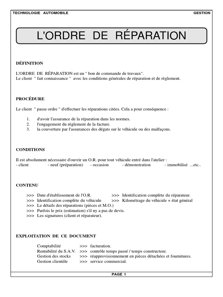 Modèle d'Ordre de Réparation Automobile | PDF | Ordinateurs