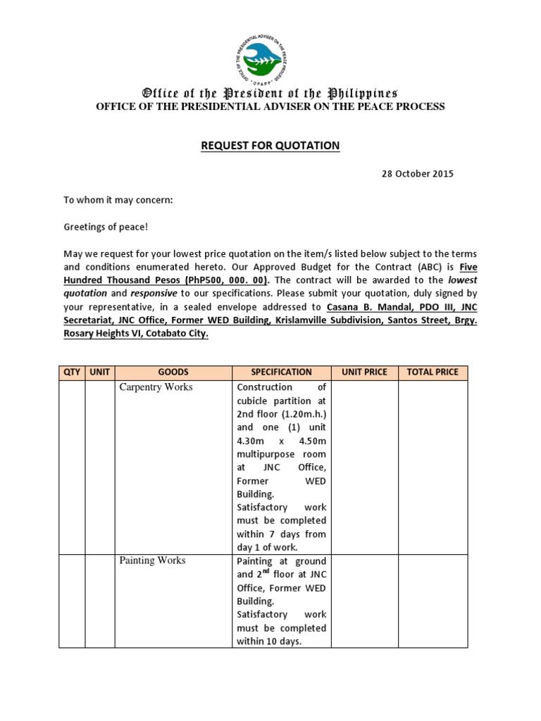 Request For Quotation JNC Office Renovation PDF Economies Business