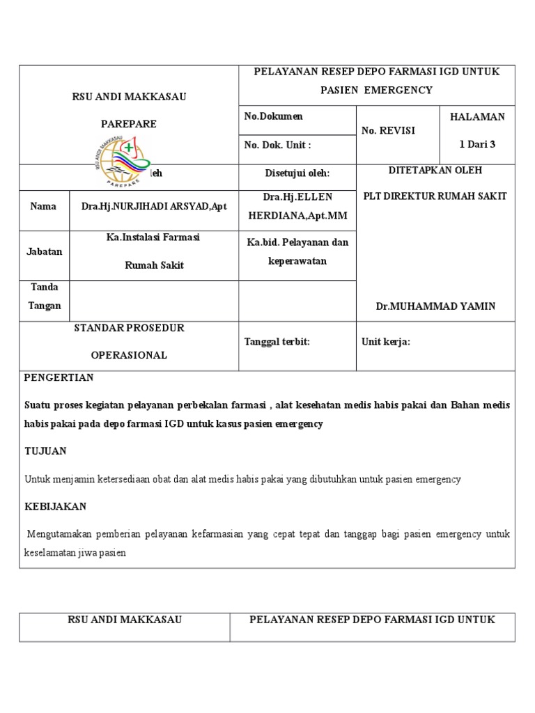 Sop Pelayanan Resep Depo Igd Untuk Pasien Emergency