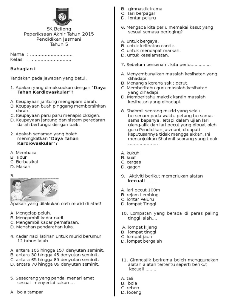 Soalan Peperiksaan Akhir Tahun Pendidikan Jasmani Kssr Tahun 5 2015 Pdf