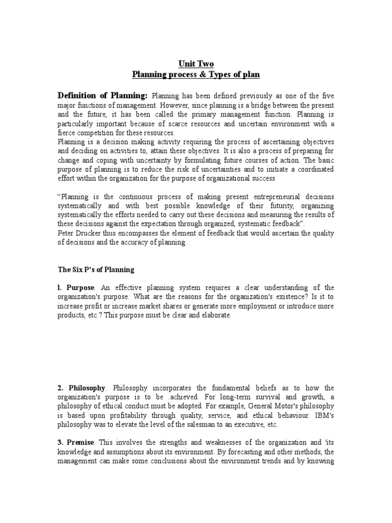 Unit Two Planning Process & Types of Plan Definition of Planning | PDF