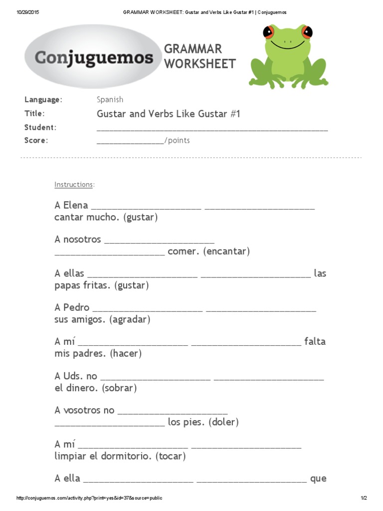 Grammar Worksheet Gustar and Verbs Like Gustar 20 Conjuguemos  PDF Within Verbs Like Gustar Worksheet