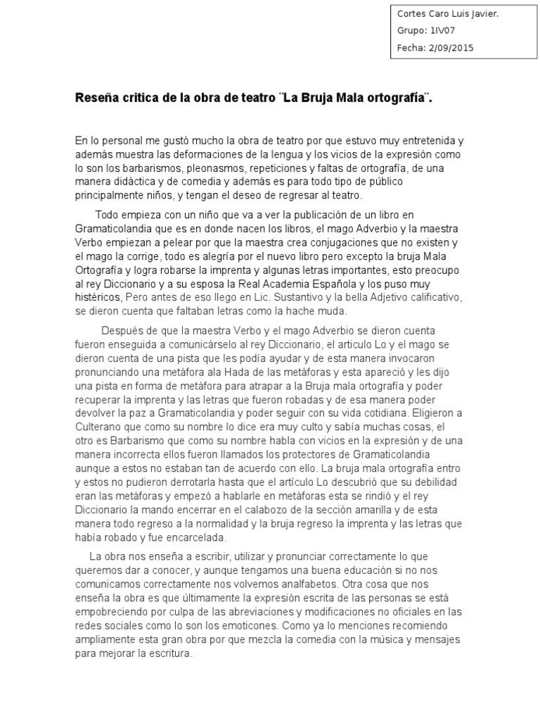 Reseña Critica de La Obra de Teatro Lingüística Idiomas