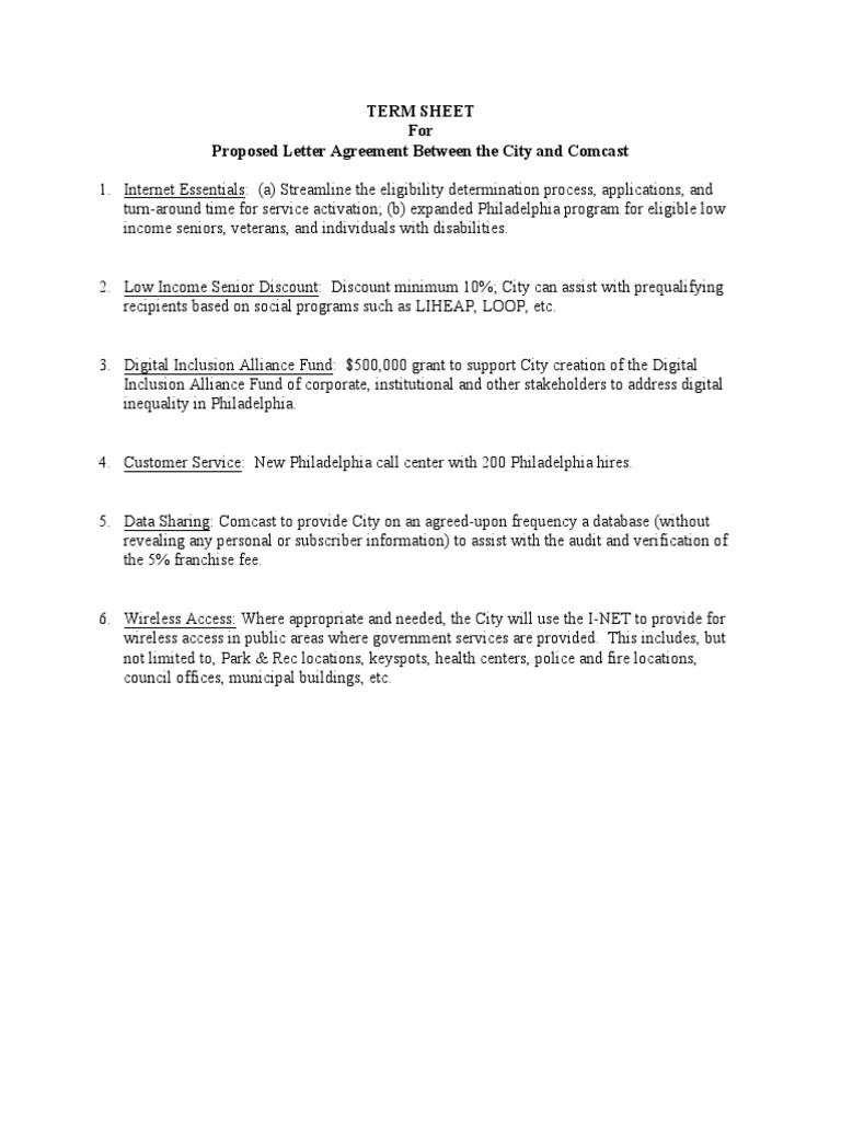 Term Sheet For Proposed Letter Agreement Between The City and Comcast ...
