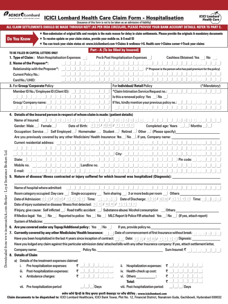 Icici Lombard Health Care Insurance Claim Form PDF