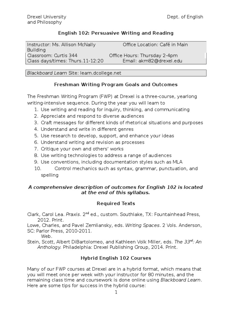 English 102 Syllabus Overview | PDF | Rhetoric | Citation