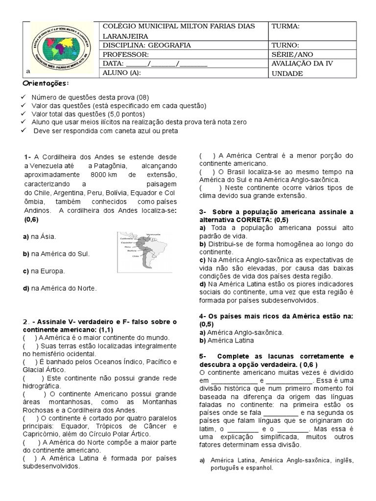 Exercícios Sobre América Do Sul 8 Ano Com Gabarito