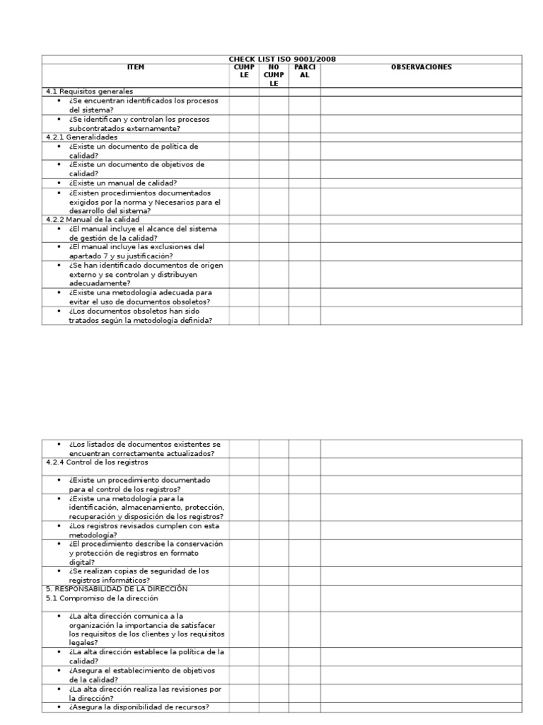 Checklist ISO 9001:2008 | PDF | Gestión de la calidad | Calidad (comercial)