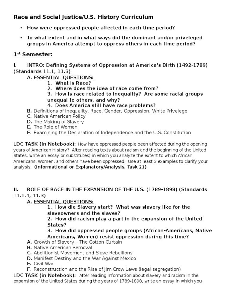 race and social justice curriculum handout essential questions