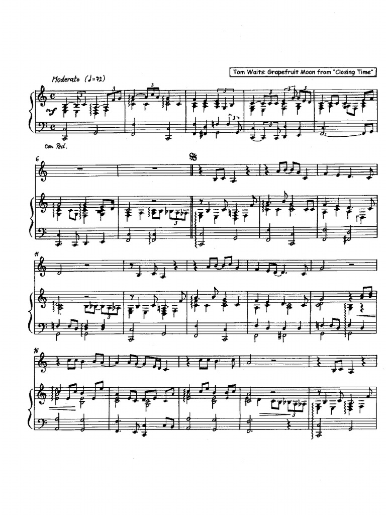 Tom Waits Grapefruit Moon Piano Sheet Music Pdf Contemporary Music Music Industry