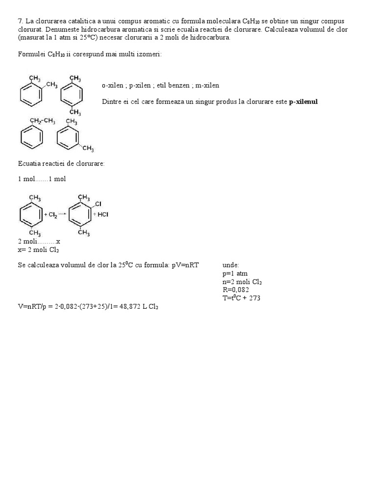 La Clorurarea Catalitica A Unui Compus Aromatic Cu Formula Moleculara ...