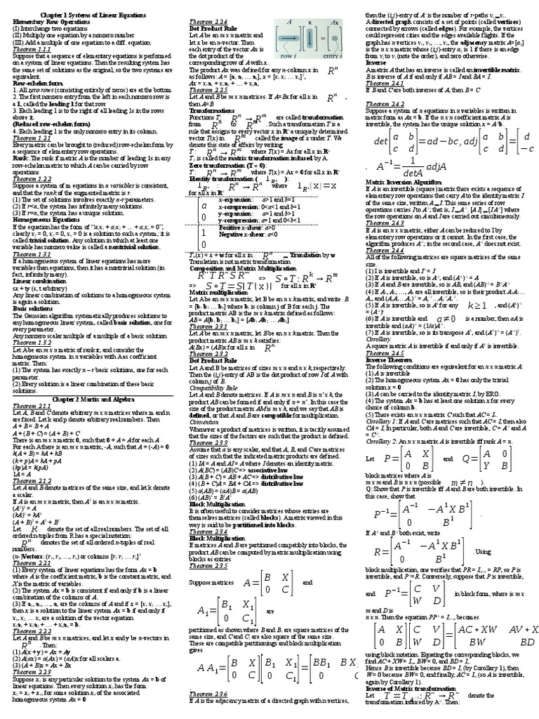 MATH2101 Cheat Sheet | PDF | Matrix (Mathematics) | System Of Linear ...