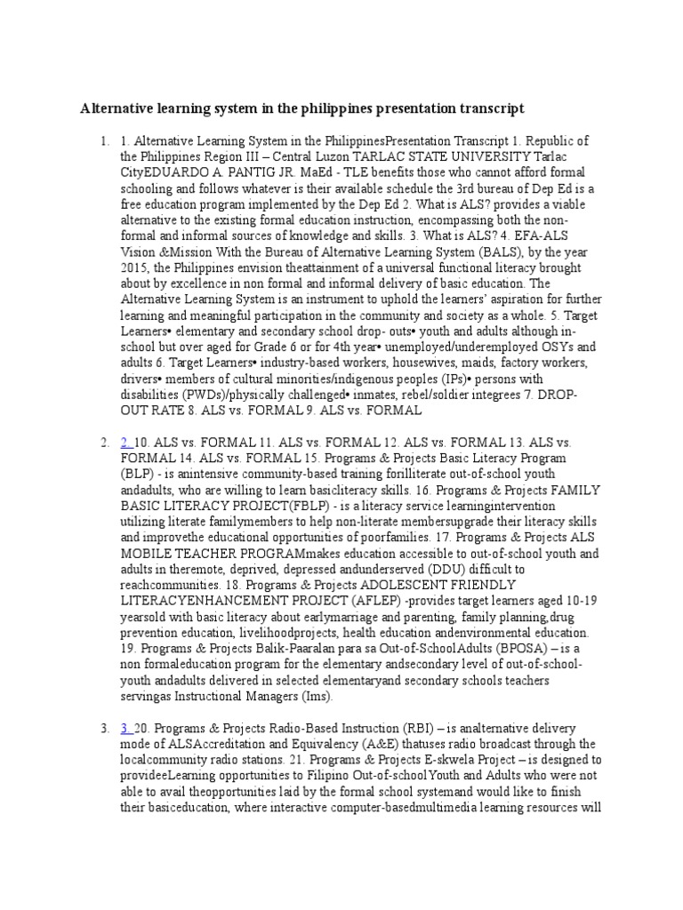 Alternative Learning System in The Philippines | PDF | Secondary School ...