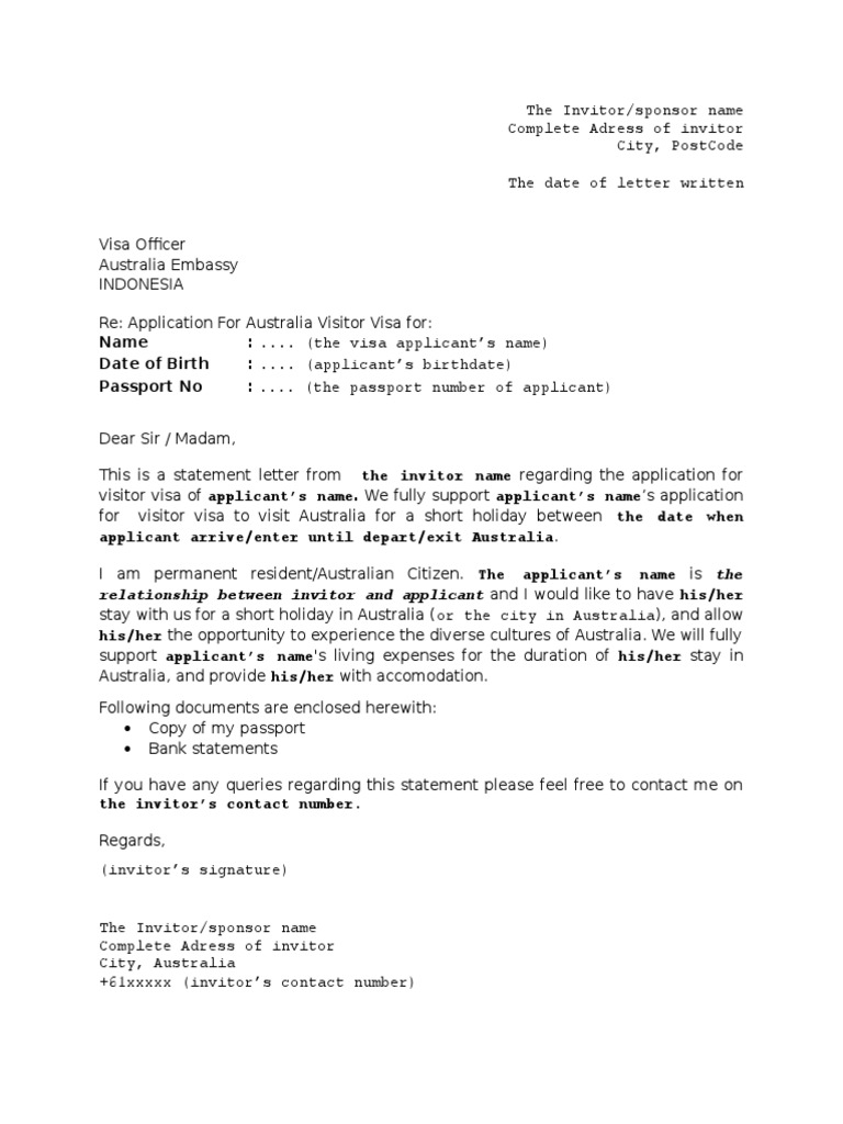 Invitation Letter For Visitor Visa Australia Docx Travel Visa