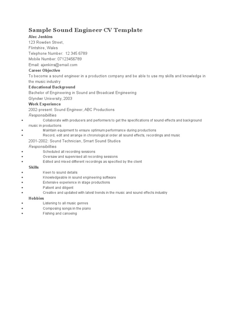 Sample Sound Engineer CV Template | PDF