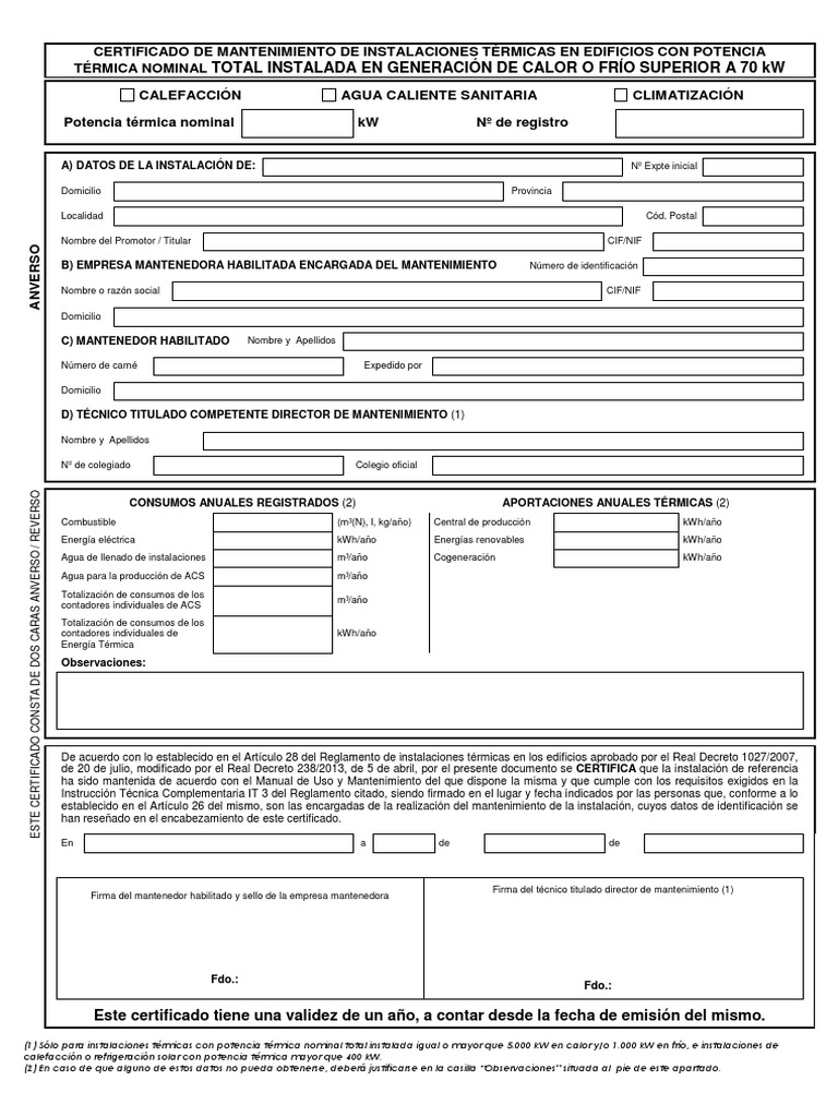 Certificado Mantenimiento Rite 4 Caldera Biomasa
