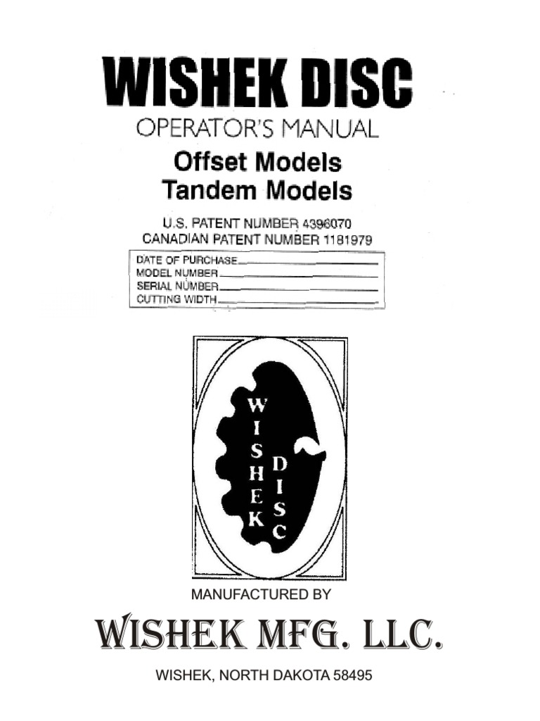 Wishek Disc Harrows Operators Manual Bearing (Mechanical) Limited