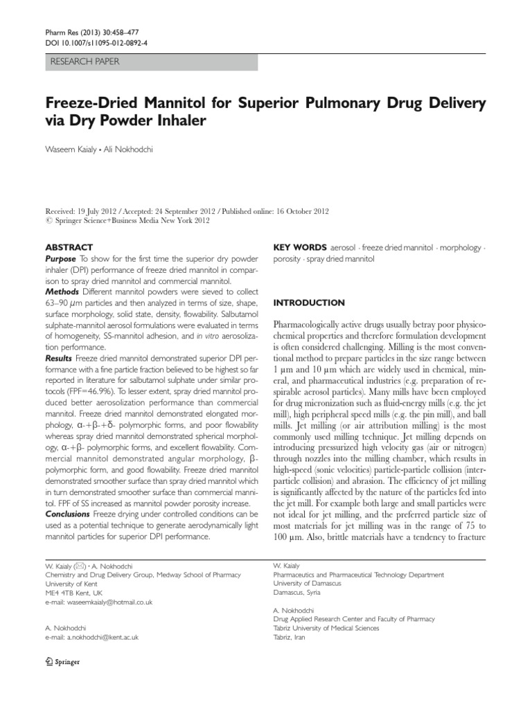 Dry Powder Inhaler Aerosol Pharmaceutical Formulation
