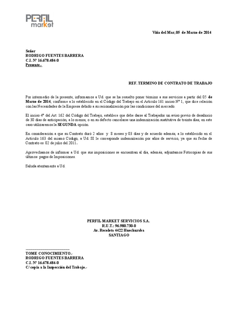 Carta de Despido Necesidades de La Empresa A TrabajarVale RODRIGO