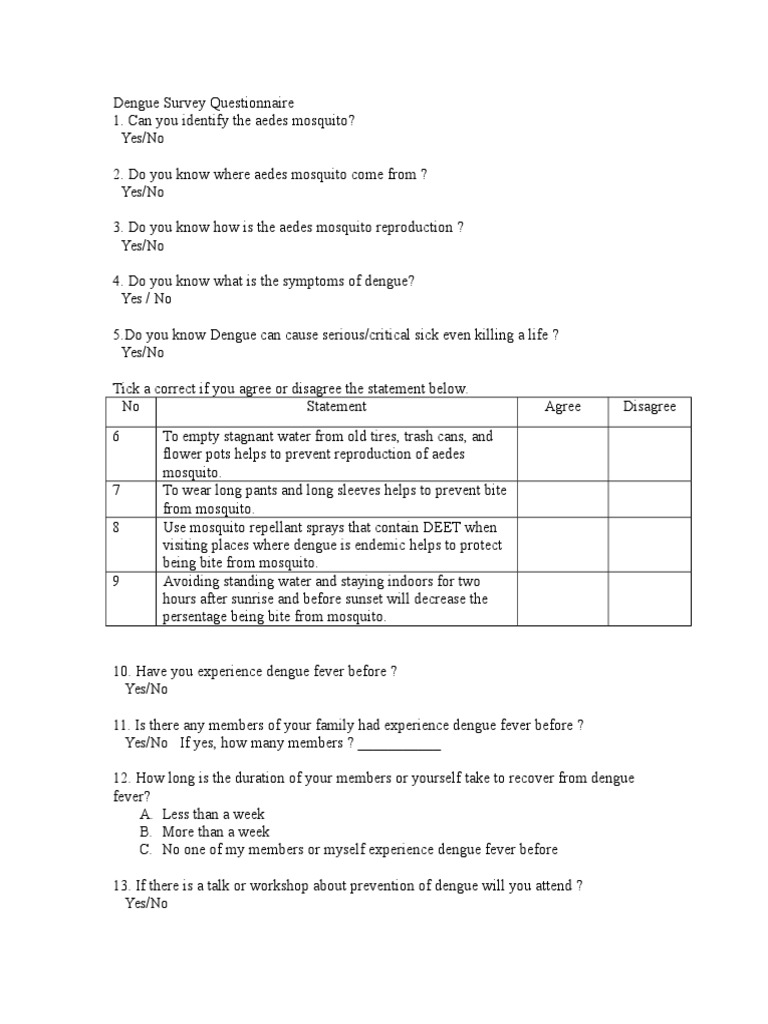 Dengue Survey Questionnaire 2 Mosquito Microbiology