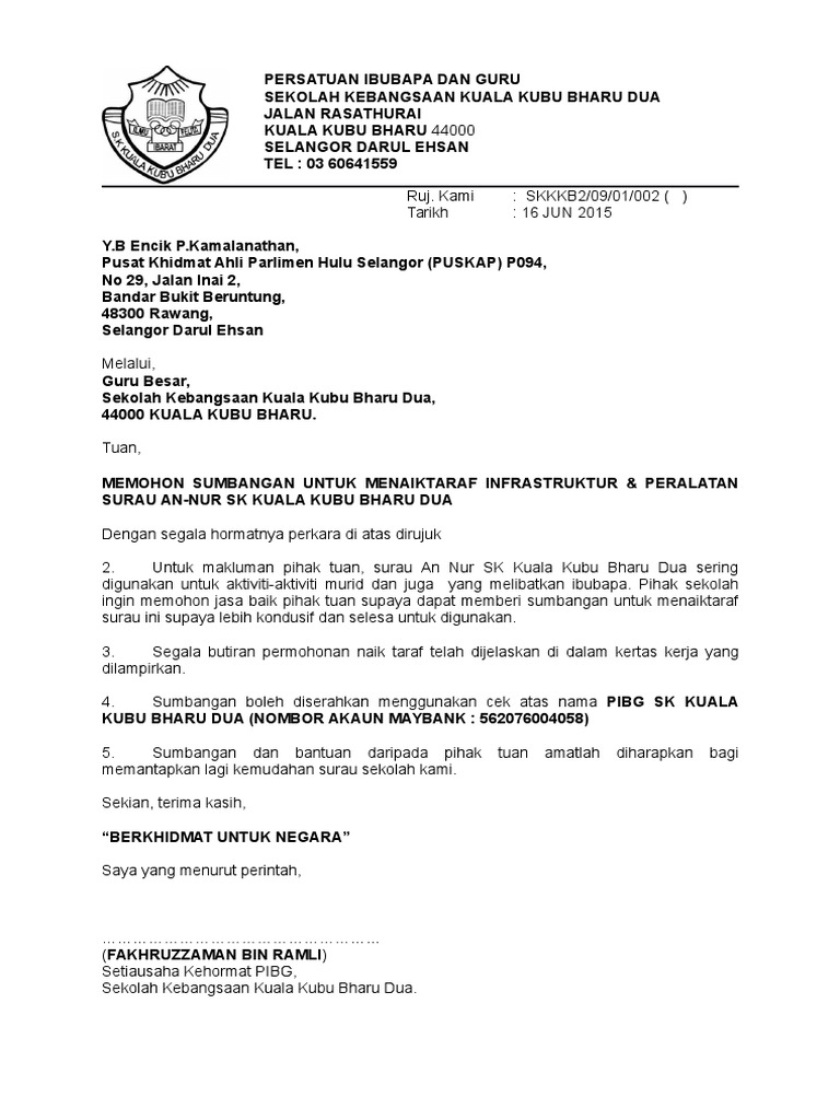 Surat Sumbangan Naiktaraf Surau Yb Nazri