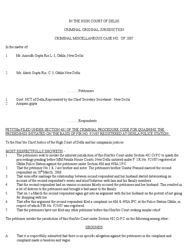 Petiti0n Filed Under Section 482 of the Criminal Procedure Code