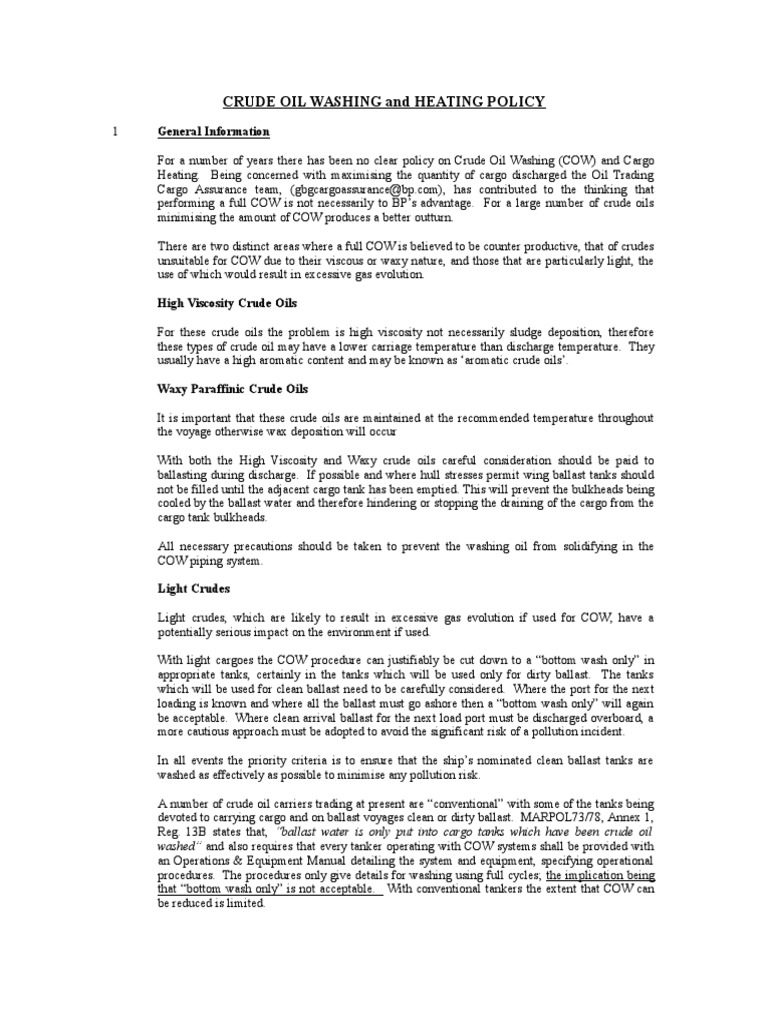Crude Oil Washing and Heating Policy | PDF | Oil Tanker | Petroleum