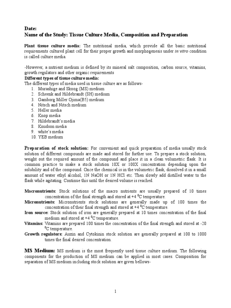 MS Media Composition for Tissue Culture | PDF | Auxin | Growth Medium