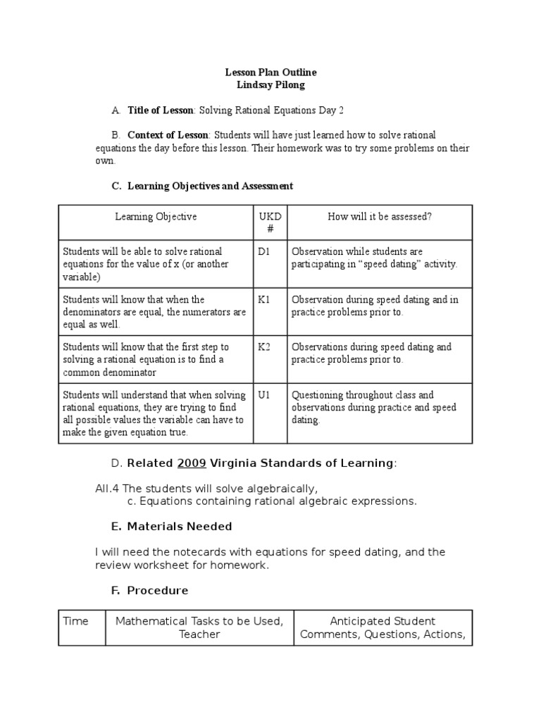 Lesson Plan: Solving Rational Equations | PDF | Equations | Fraction ...