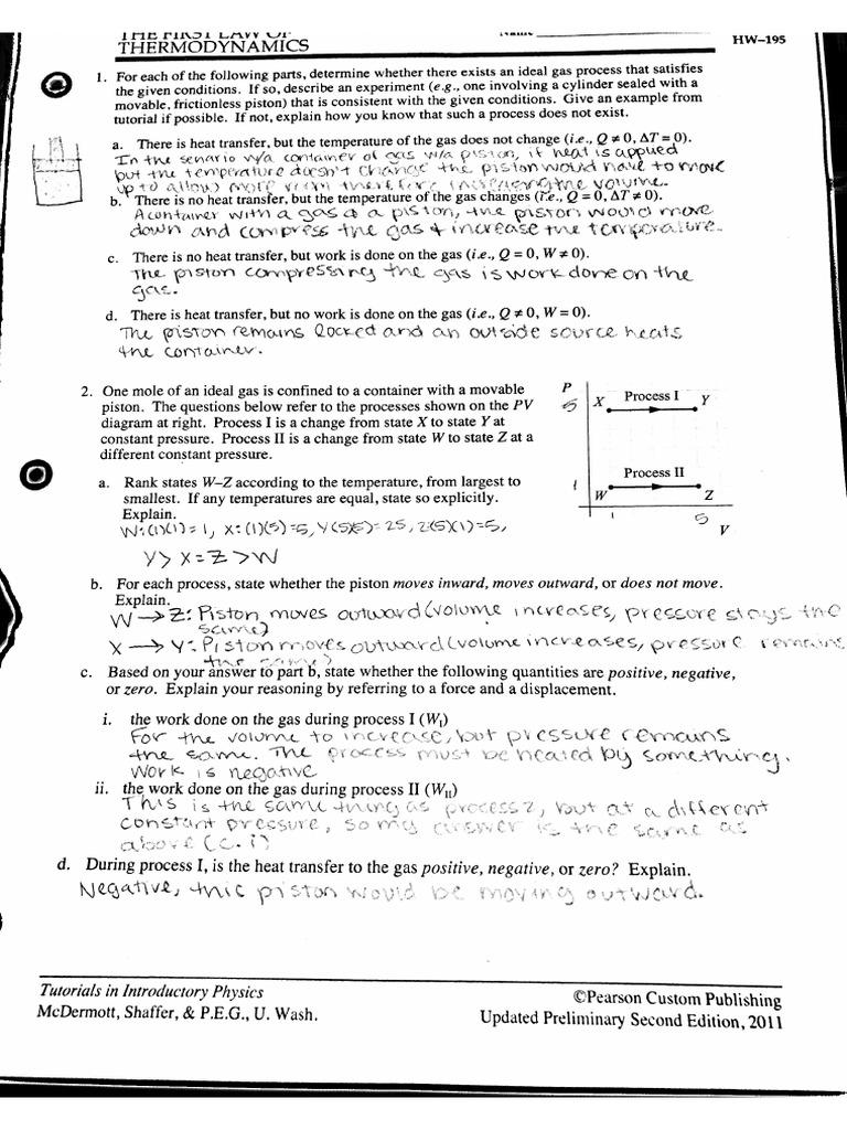 The First Law Of Thermodynamics Tutorials In Introductory Physics Homework Answers