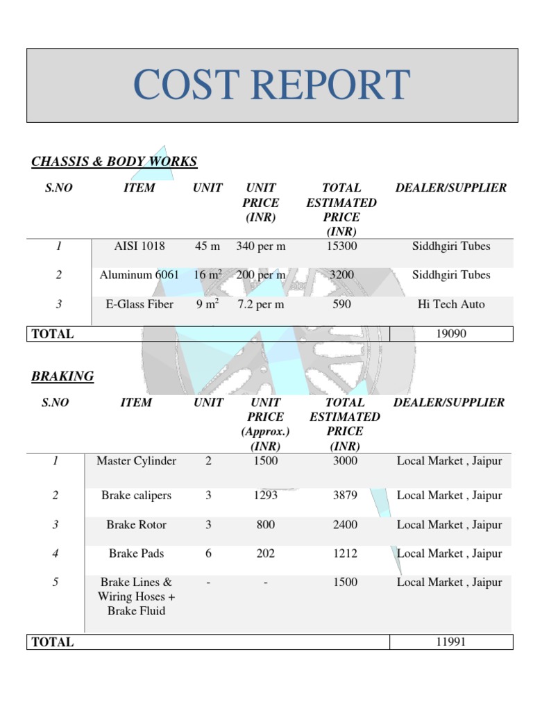 Chassis Cost Breakdown Report | PDF | Sports & Recreation | Home & Garden