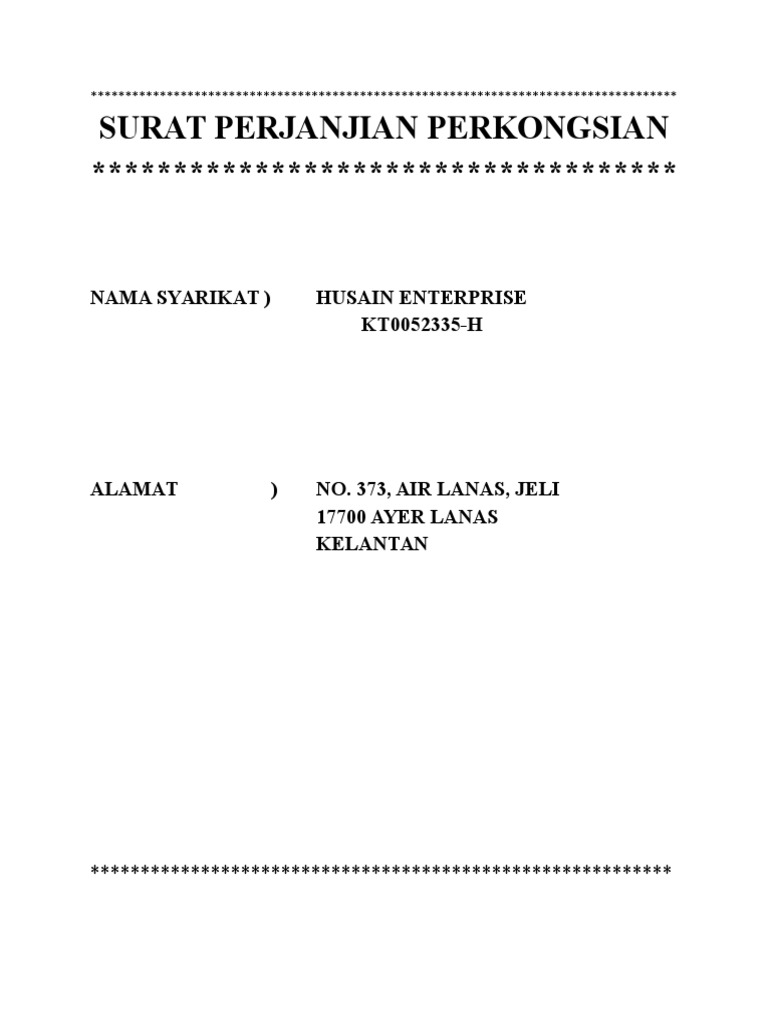 Contoh Surat Perjanjian Pemegang Saham Syarikat