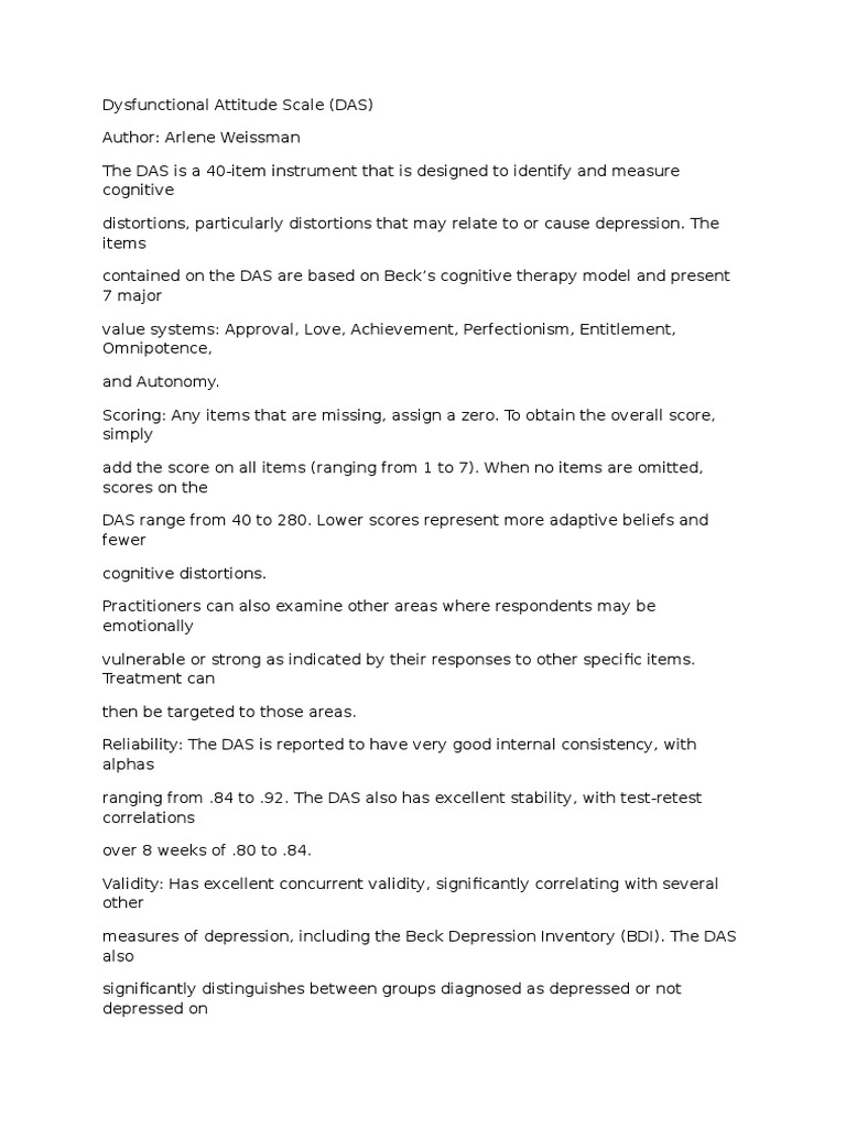 Dysfunctional Attitude Scale (DAS) | PDF | Disability | Psychological ...