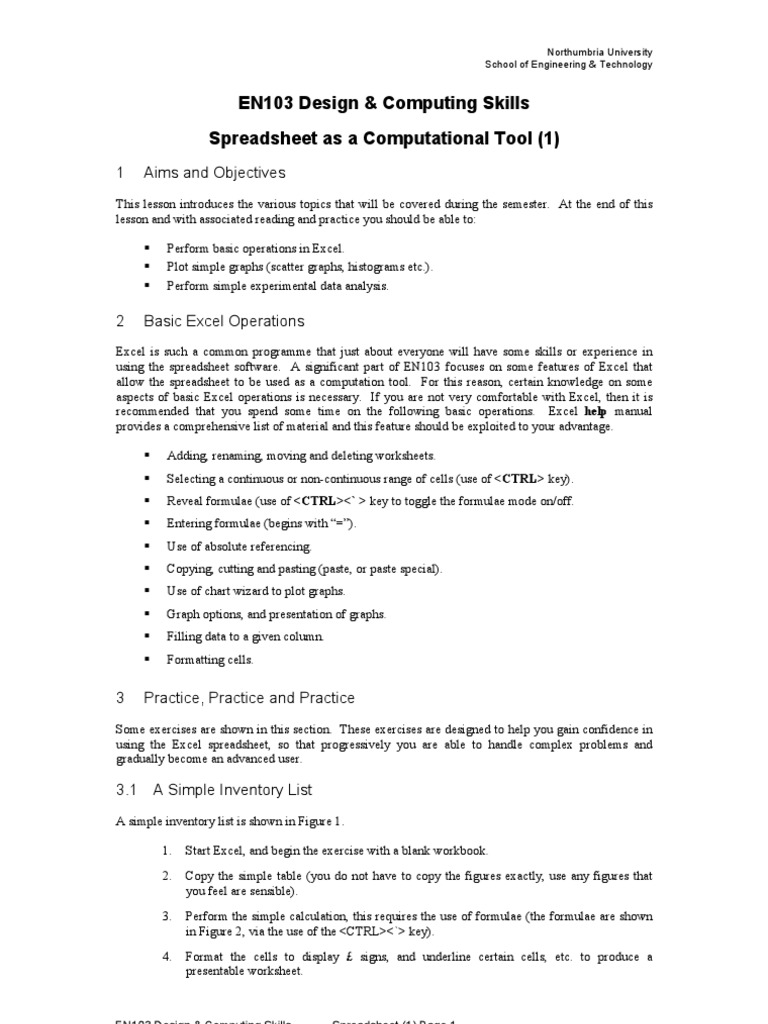 EN103 Design & Computing Skills Spreadsheet As A Computational Tool ...