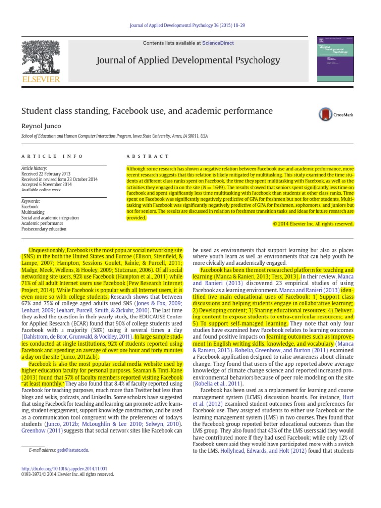 Student Class Standing, Facebook Use, and Academic Performance | PDF ...