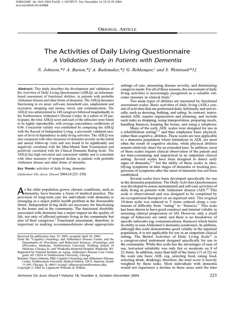 The Activities of Daily Living Questionnaire: A Validation Study in ...