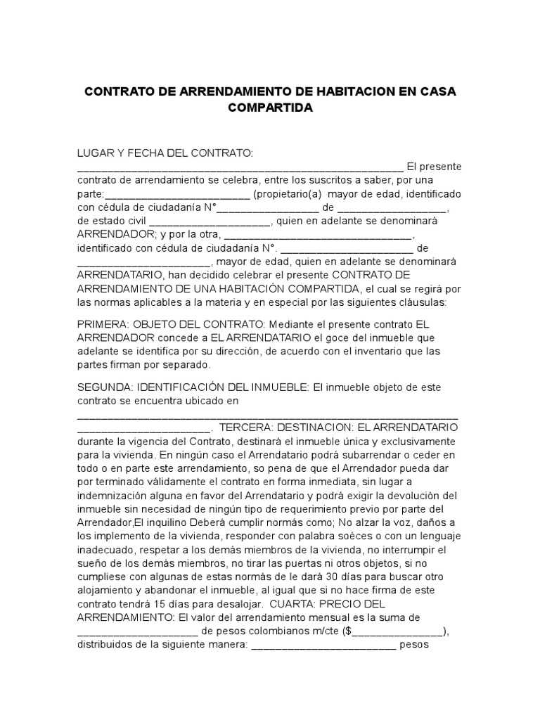 Contrato de Arrendamiento de Habitacion en Casa Compartida