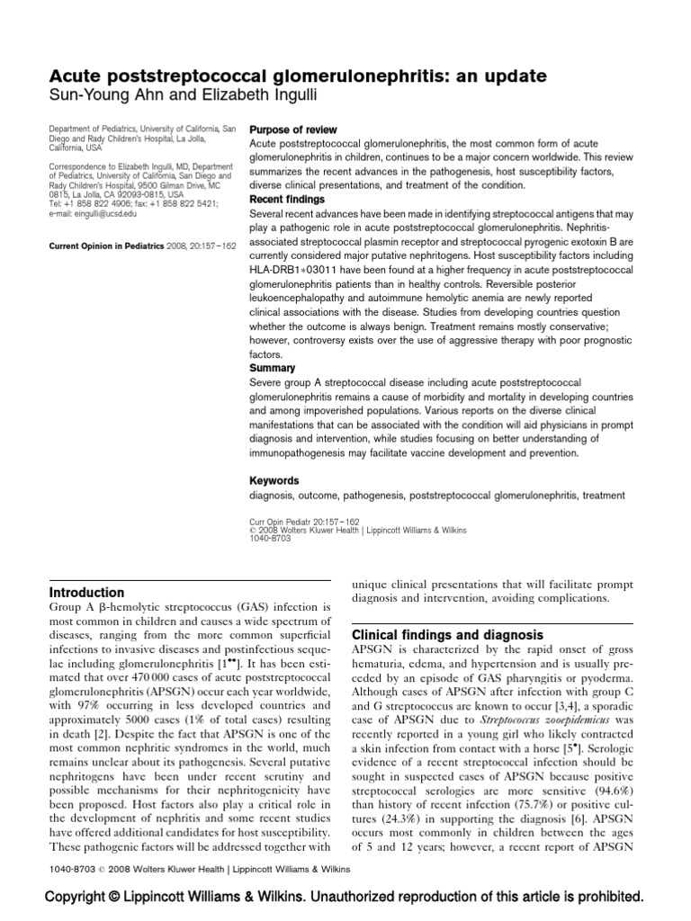 Acute Poststreptococcal Glomerulonephritis An Update PDF Complement System Streptococcus