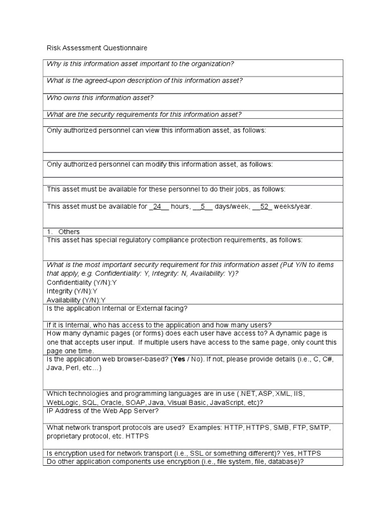 Application Risk Assessment Questionnaire | PDF | Web Application ...