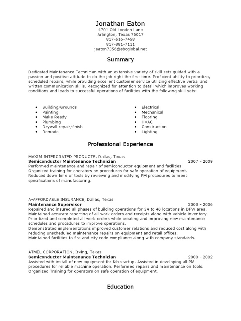 Jonathan Eaton Semiconductor Maintenance Technician Hvac