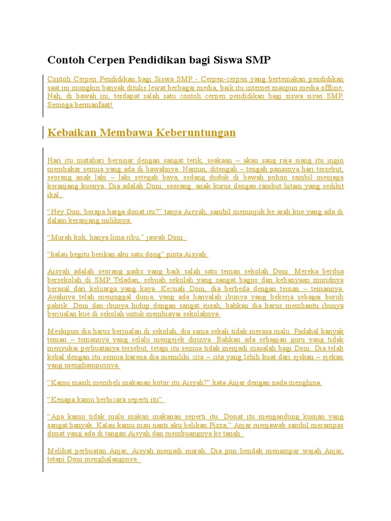 Contoh Cerpen Pendidikan Bagi Siswa Smp