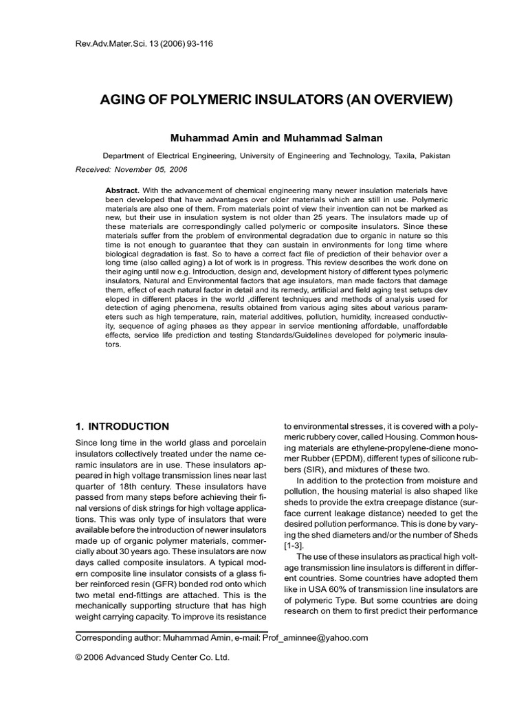 Ageing of Polymeric Insulators | PDF | Insulator (Electricity) | Polymers