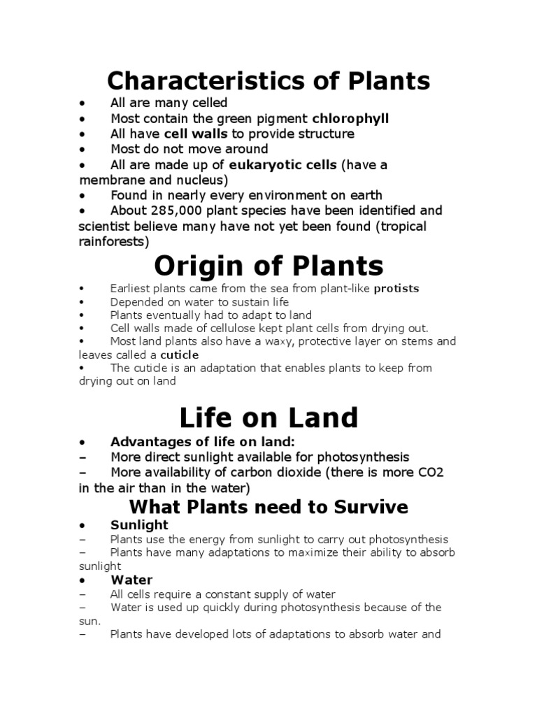 Characteristics of Plants Notes PDF Moss Plants